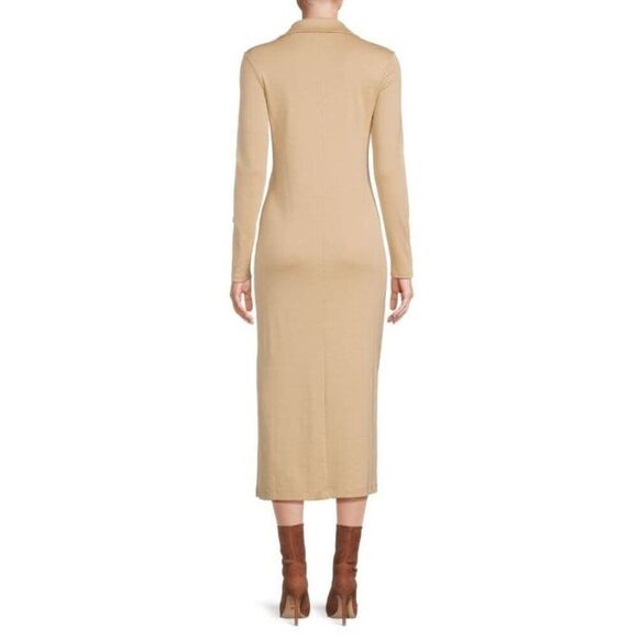 Vince Women's Tan Johnny Collar Luxurious Pima Cotton Midi Dress Size Large NWOT - Picture 2 of 5